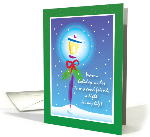 Holiday card for good friend, street light, red ribbon & snow card