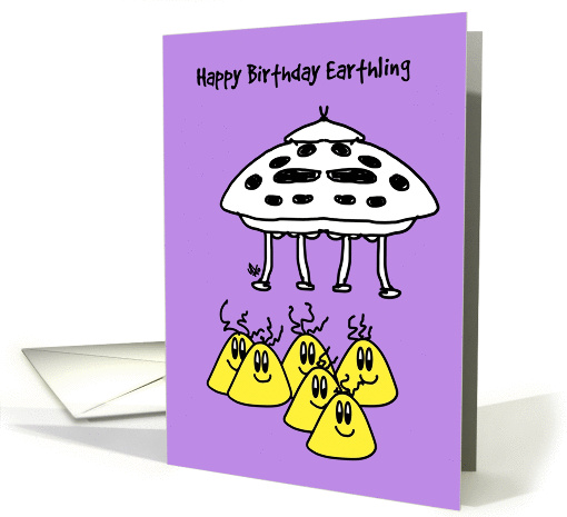 Space ships and 6 cute aliens wishing - a happy birthday card