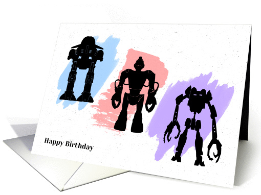 Three Robots Highlighted by Watercolor Splashes Birthday card