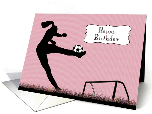 Girl Soccer Player Kicking a Ball into the Goal for Birthday card