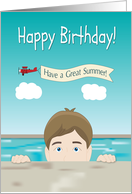 Boy Peeking from a Swimming Pool with Plane for Boy Birthday card