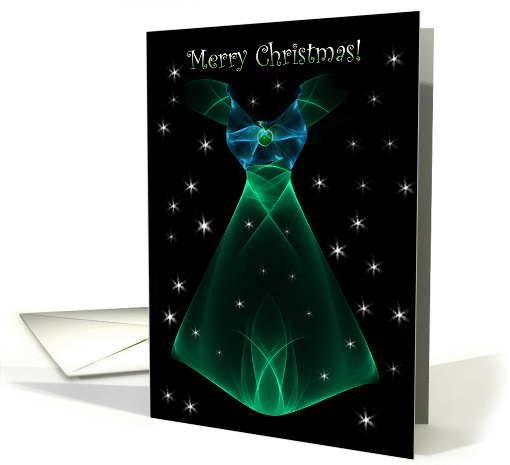Young Girl on Christmas - Green Holiday Gown with Sparkling Stars card