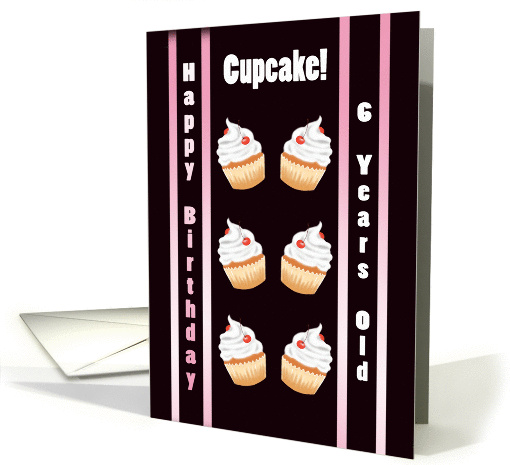 Birthday 6th Cute Cherry Cupcake - Pink Stripes card (1345762)