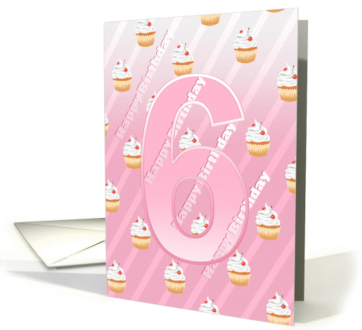 Birthday 6th Cute Cherry Cupcake - Pale Pink Stripes card (1345828)