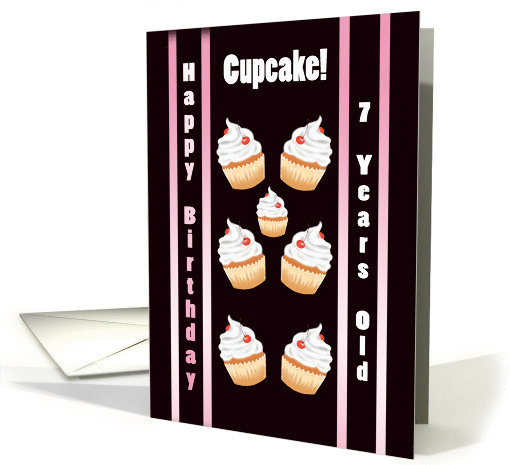 Birthday 7th Cute Cherry Cupcake - Pale Pink Stripes card (1345898)