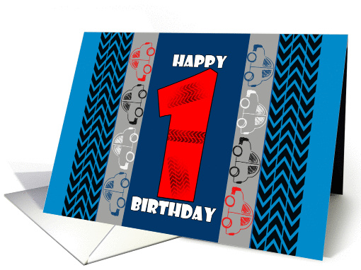 Happy 1st Birthday For a Boy, Cute Cars and Tire Treads card (1395584)