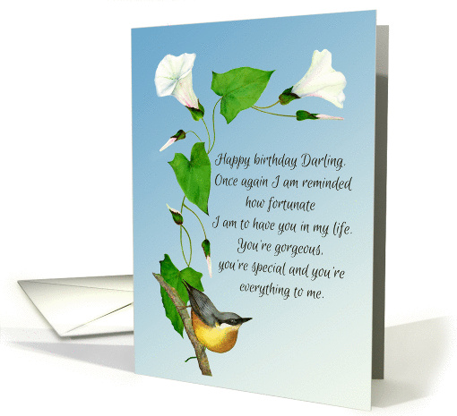 Nuthatch Bird and Morning Glory Flower Happy Birthday Darling card