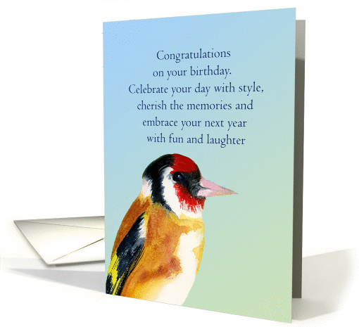 Congratulations on your birthday featuring a goldfinch bird. card