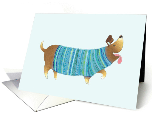 Smiling Wiener Dog Wearing a Knitted Blue and Green Sweater card