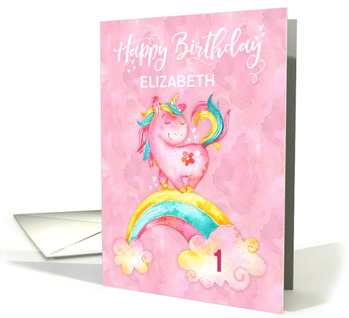 Custom Name and Age Unicorn on Rainbow Watercolor Effect Birthday card