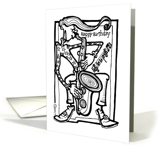 Cool Man Playing Saxophone Wavy Hair Birthday in Pen and Ink card