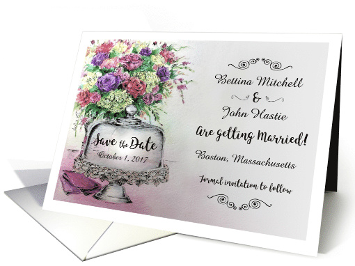 Save the Date for Wedding - Watercolor Flowers & Cake Stand card
