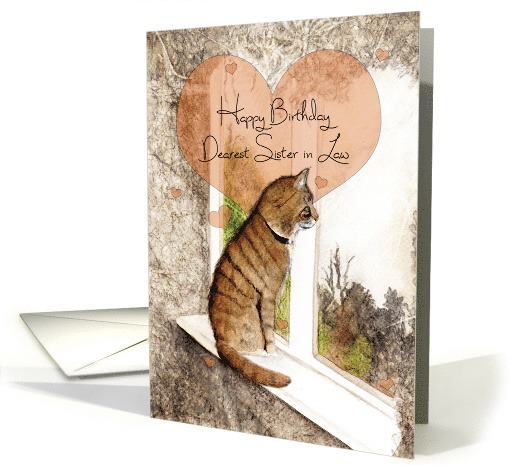 Happy Birthday, Sister in Law, Tabby Cat and Hearts, Art card