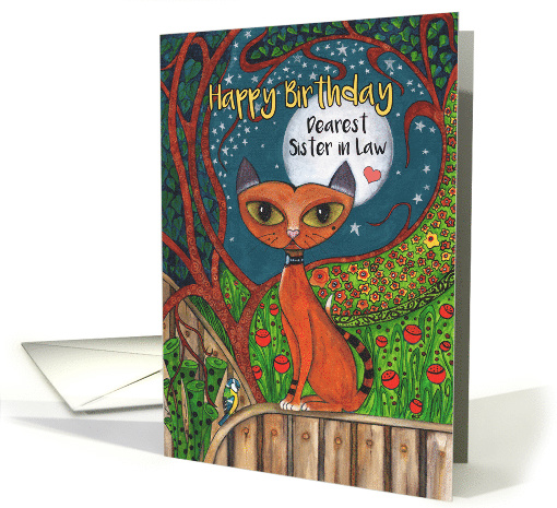 Happy Birthday, Sister in Law, Cat, Blue Tit Bird and Moon card