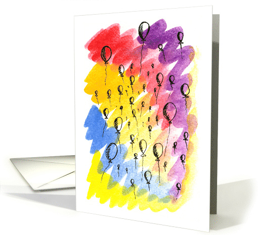 Birthday Balloons Pen and Ink over Rainbow Watercolor Wash card