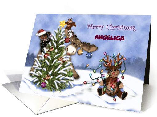 Merry Christmas, Custom Name , Forest Animals Decorating a Tree card
