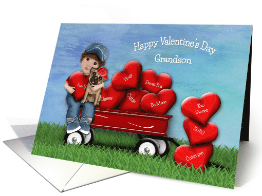 Valentine for Grandson Boy and Dog Sitting in Wagon with Hearts card