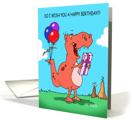 A Happy Trex Holds a Birthday Present with Balloons Tied... (1562464)