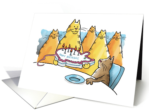 Funny Birthday Cats Giving Cat Mouse Shaped Birthday Cake card
