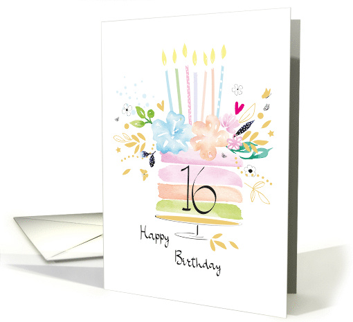 16th Birthday Party Watercolour Floral Cake with Candles card