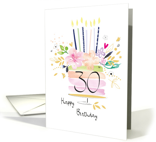 30th Birthday Watercolour Floral Cake with Candles card (1628200)