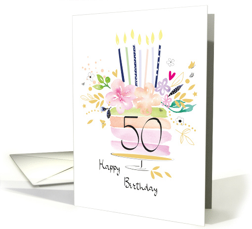 50th Birthday Watercolour Floral Cake with Candles card (1628208)