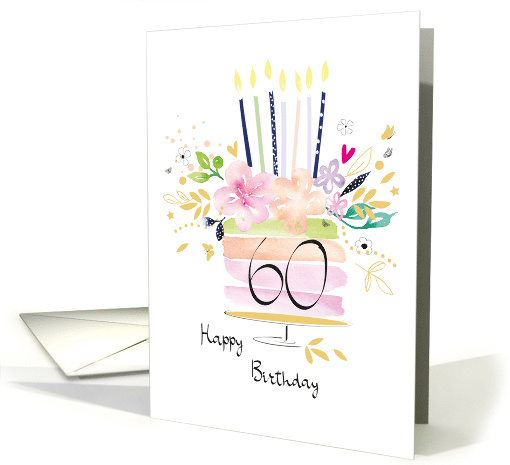 60th Birthday Watercolour Floral Cake with Candles card (1628210)