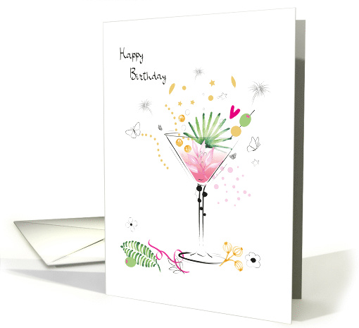 Birthday Pink Martini Cocktail with Tropical Leaves card (1628448)