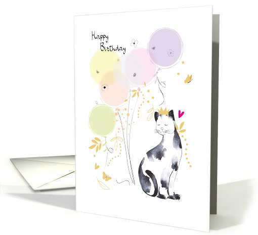 Birthday Cat with Princess Crown and Party Balloons card (1628482)