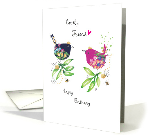 Birthday Birds with Crowns for a Friend with Watercolor Leaves card