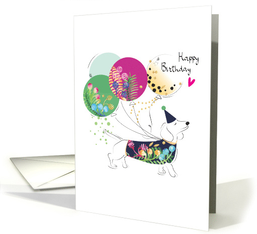 Birthday Dog with Party Hat and Watercolor Floral Balloons card