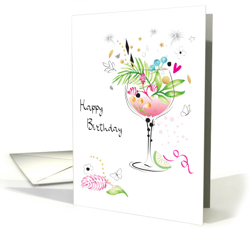 Birthday Pink Gin with Tropical Watercolor Leaves card (1628950)