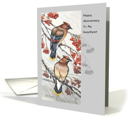 For Sweetheart Anniversary Two Cedar Waxwings as Lovebirds card