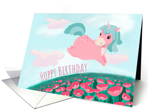 Birthday for Girl Cute Cartoon Unicorn Hopping in Meadow card